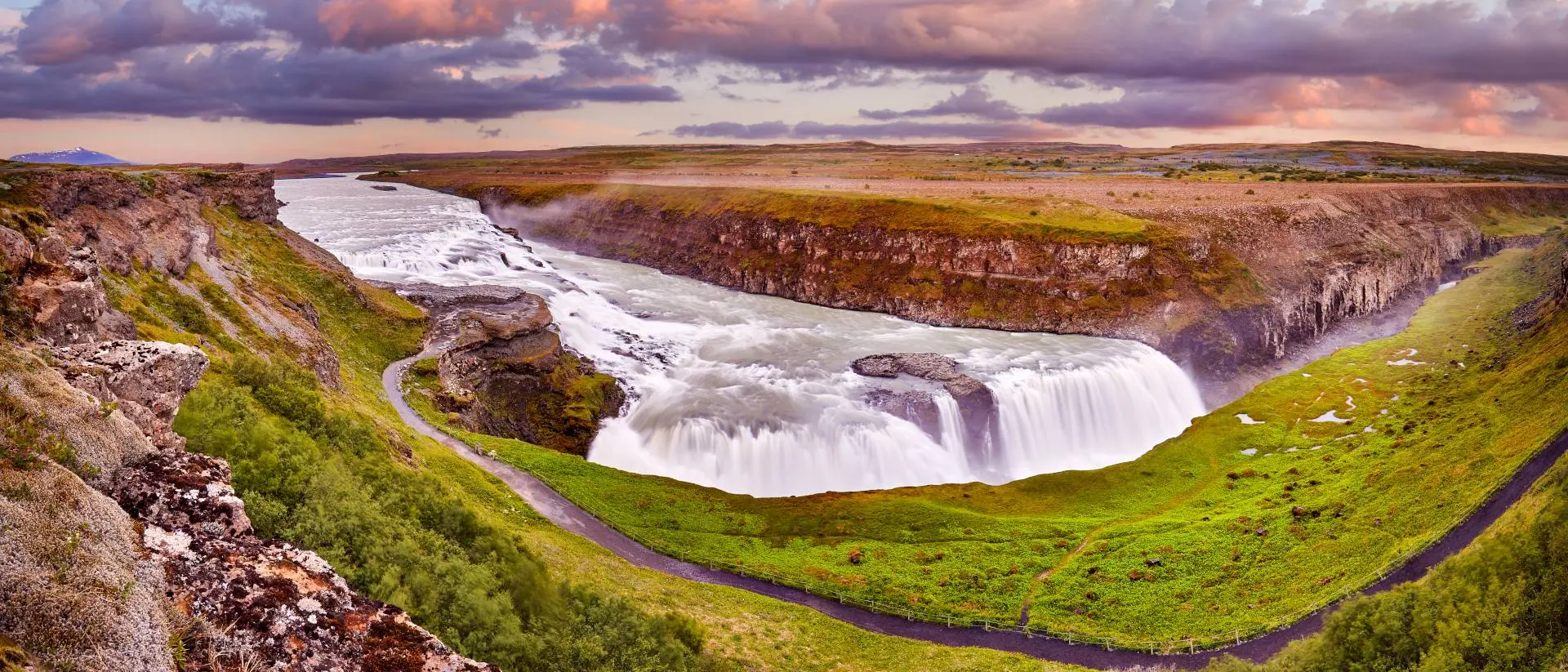 Panoramic view on Gullfoss waterfall on the Hvíta river, a popular tourist attraction and part of the Golden Circle Tourist Route in Southwest Iceland.