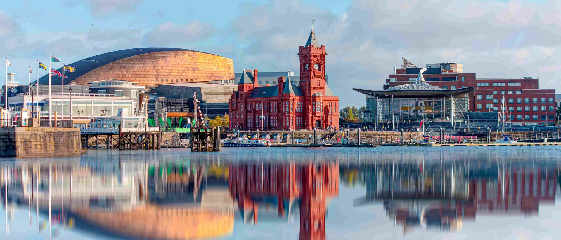 Panoramic view of Cardiff Bay, Wales.