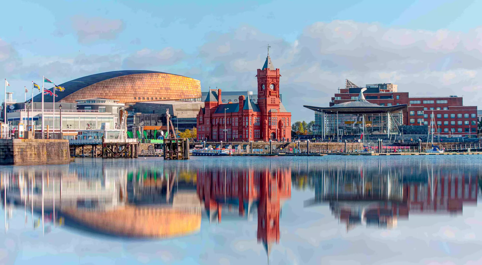 Panoramic view of Cardiff Bay, Wales.