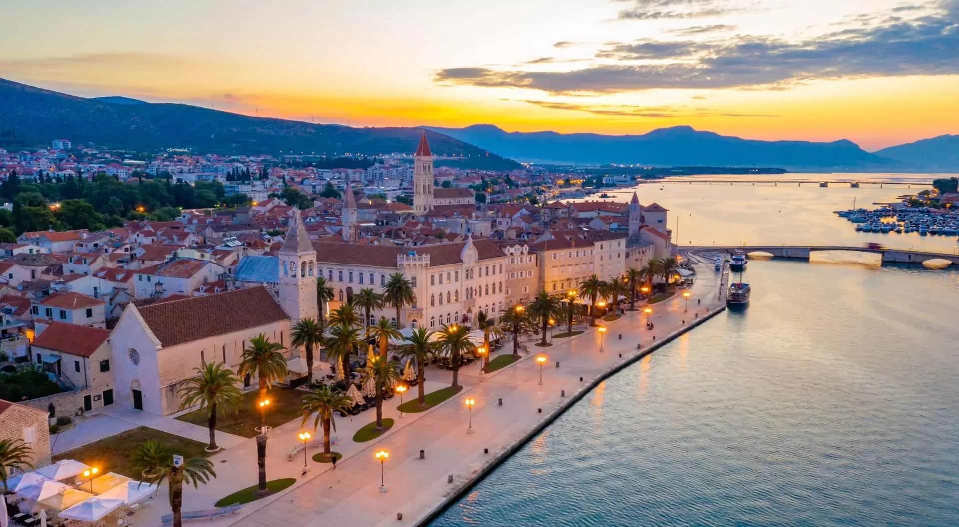 Sunrise view of seaside of Croatian town Trogir.