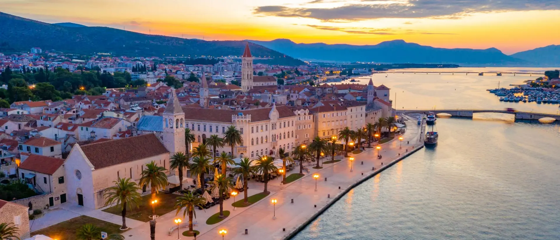Sunrise view of seaside of Croatian town Trogir.