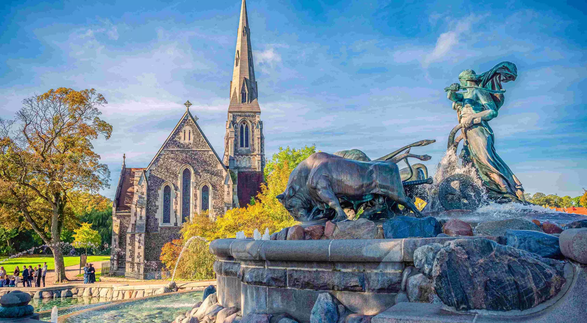 The St. Albans church with the Gefion Fountain in the foreground. Copenhagen, Denmark