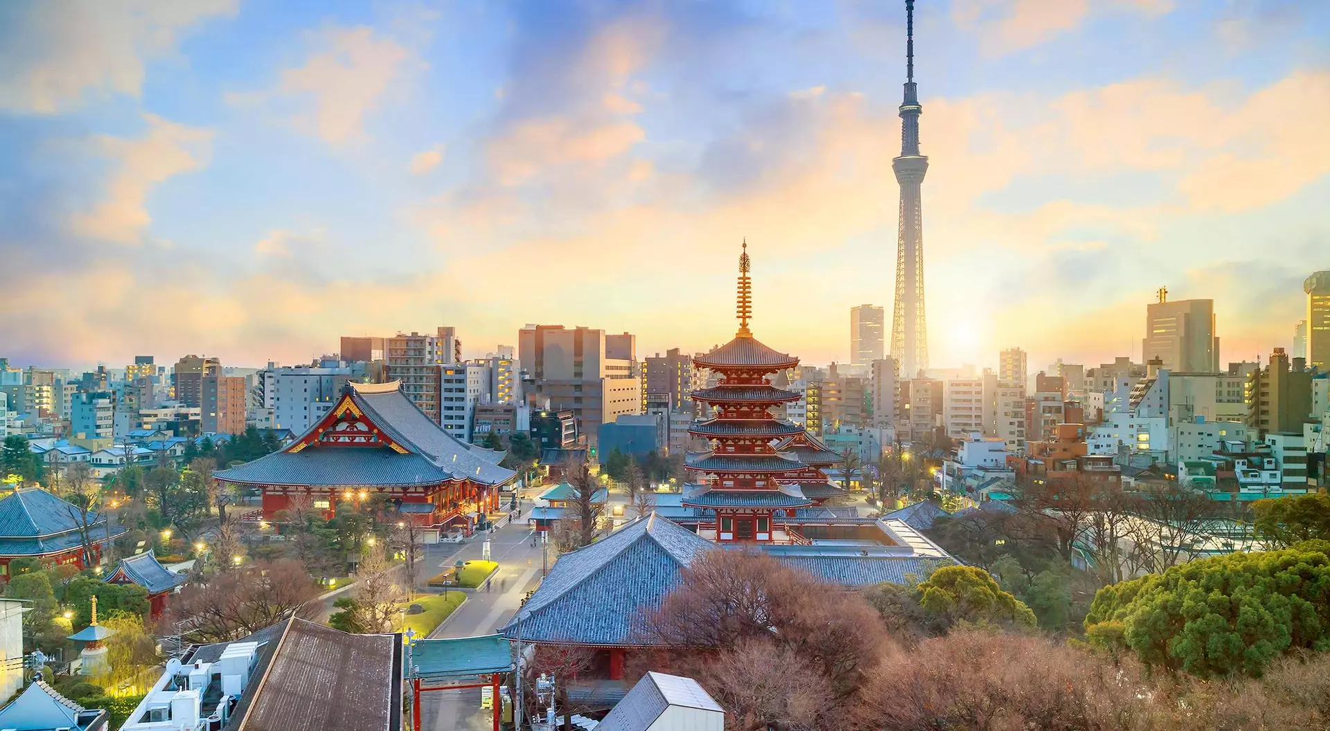 View of Tokyo skyline with Senso-ji Temple and Tokyo skytree at twilight in Japan.
