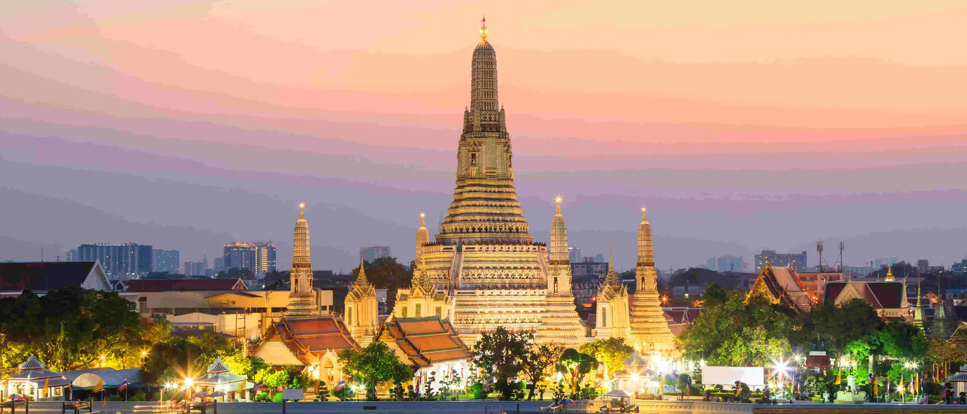 Wat Arun Temple at sunset in Bangkok Thailand.