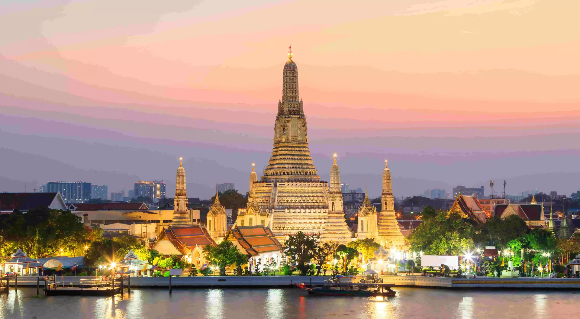 Wat Arun Temple at sunset in Bangkok Thailand. 