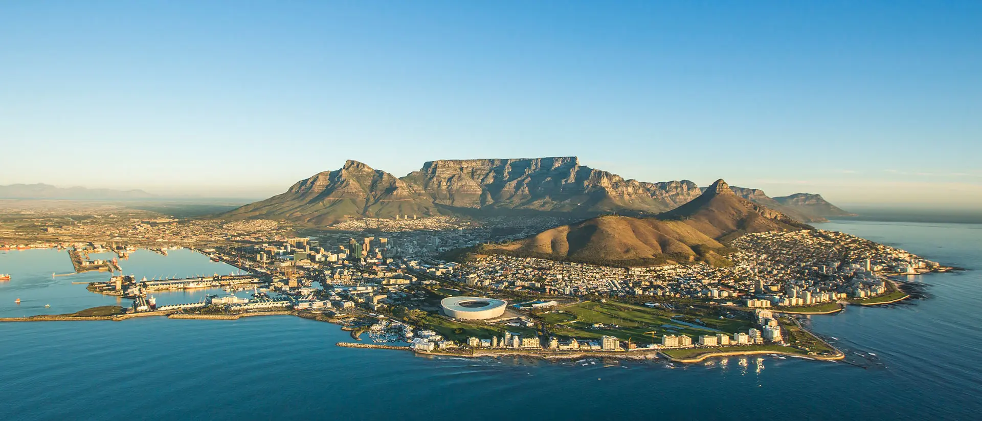 Aerial view of Cape Town on the edge of the Atlantic and Southern Oceans with Table Mountain as its backdrop