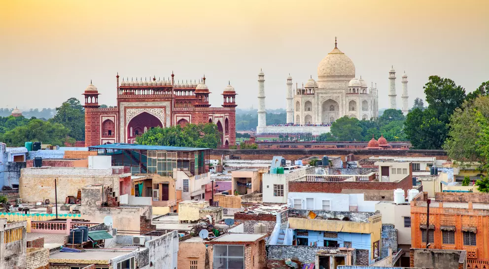 Arial view of Agra Fort and Taj Mahal at sunset