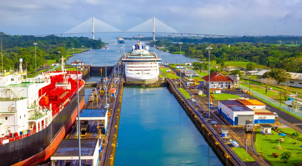 Cruise ship going through the locks of the famous canal
