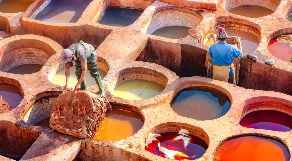 Leather dying in a traditional tannery in the city of Fez, Morocco