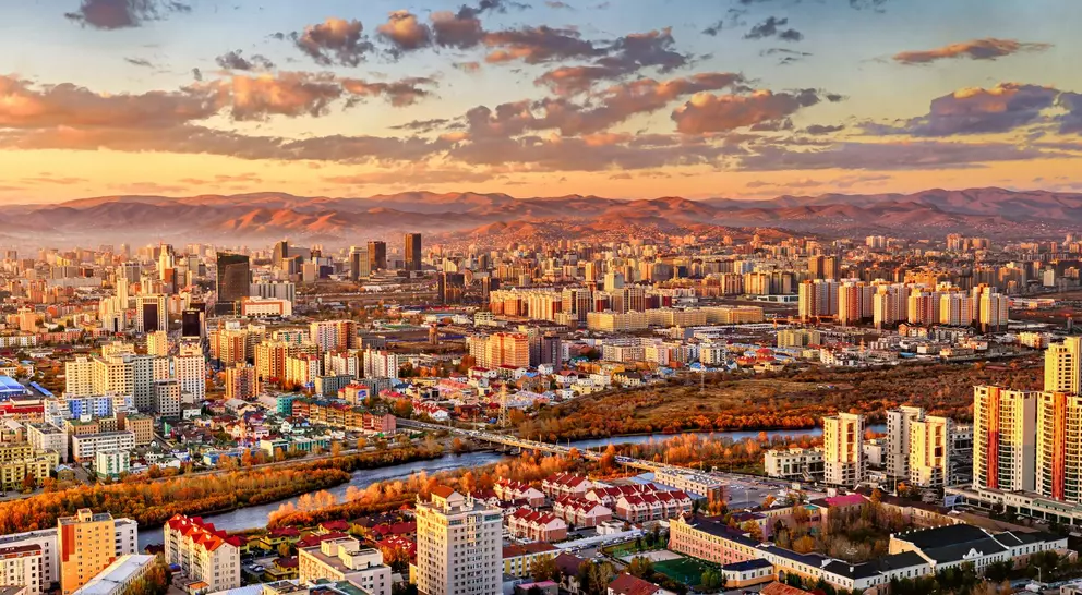 Sunset areial view of Ulaanbaatar, capital of Mongolia, the coldest capital city in the world by average yearly temperature