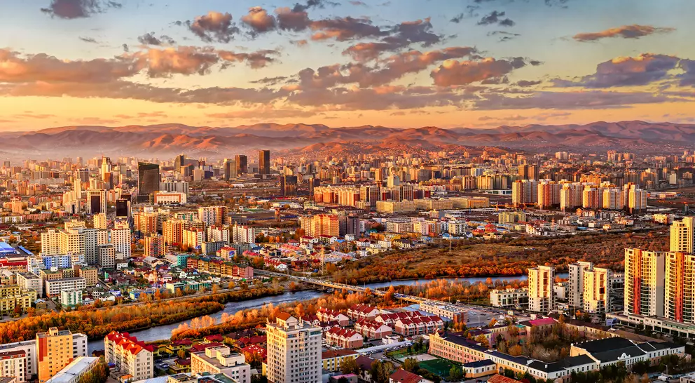 Sunset areial view of Ulaanbaatar, capital of Mongolia, the coldest capital city in the world by average yearly temperature