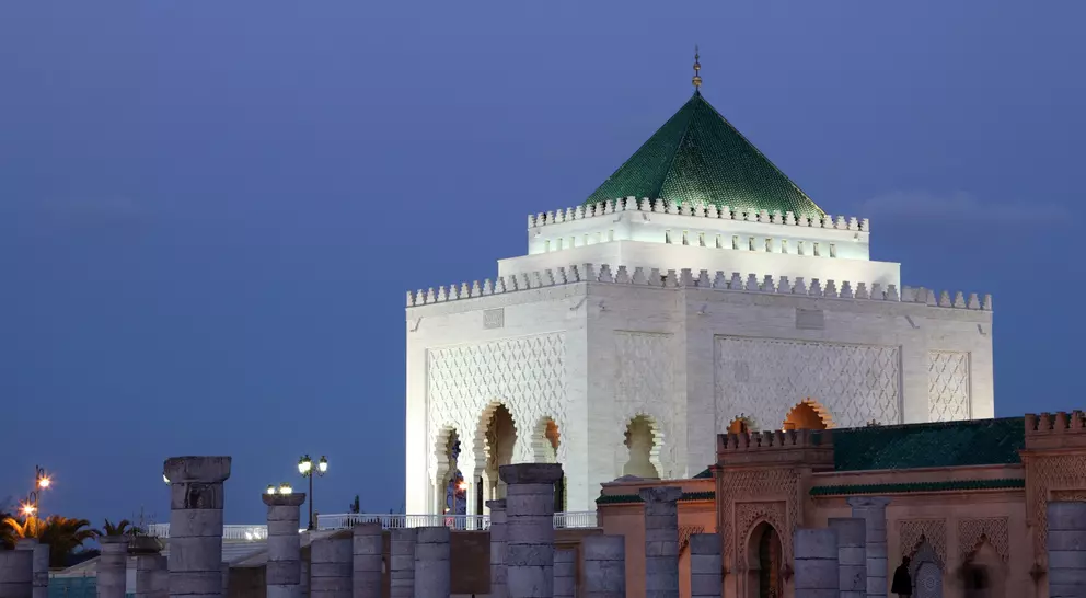 Mausoleum of Mohammed V at dusk in Rabat Morocco