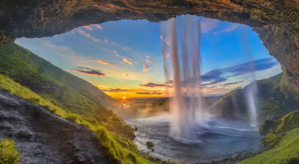 Flowing water cascading down at sunset