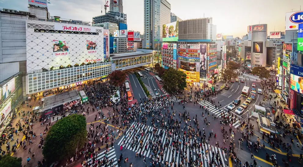 Shibuya Crossing in Downtown Tokyo from above, one of the busiest pedestrian crossings in the world