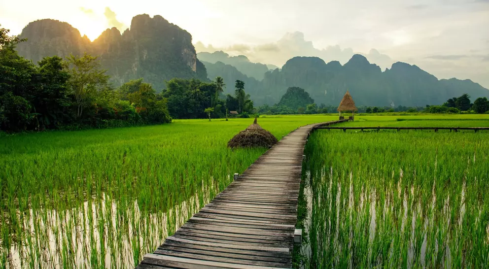Sunset over green rice fields and mountains in Vang Vieng, Laos
