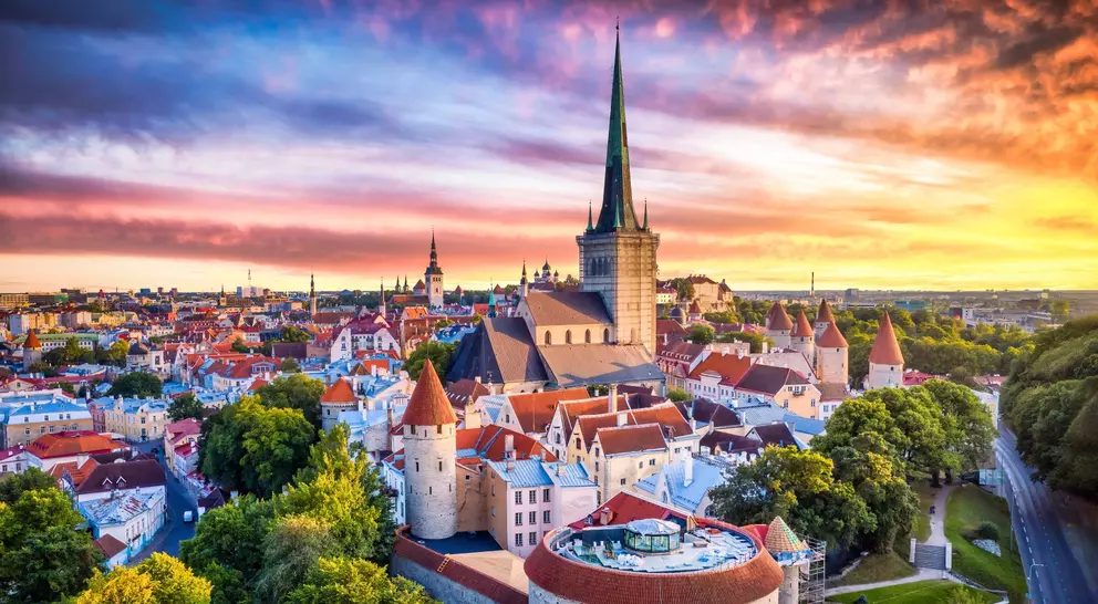 Tallinn Old Town aerial view from fat Margaret tower at sunset