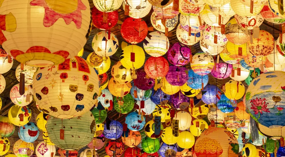 Traditional colorful chinese lanterns cover the ceiling during Taiwan Lantern Festival
