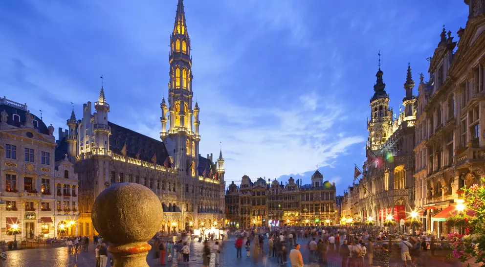 The central town square of Brussels, illuminated at night