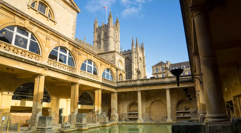 View of ancient Roman baths in the English city of Bath.
