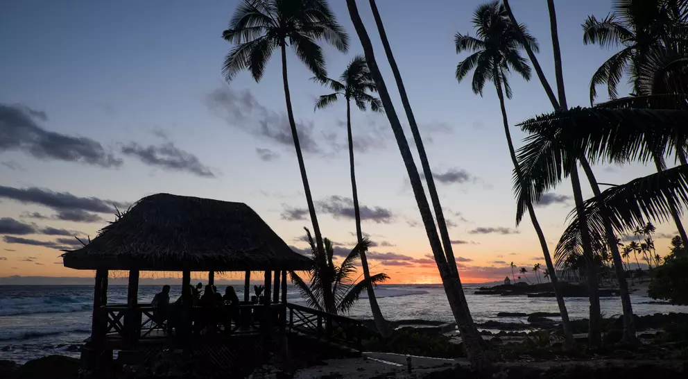 Silhouette of a beach pavilion at sunset, surrounded by palm trees and ocean waves.