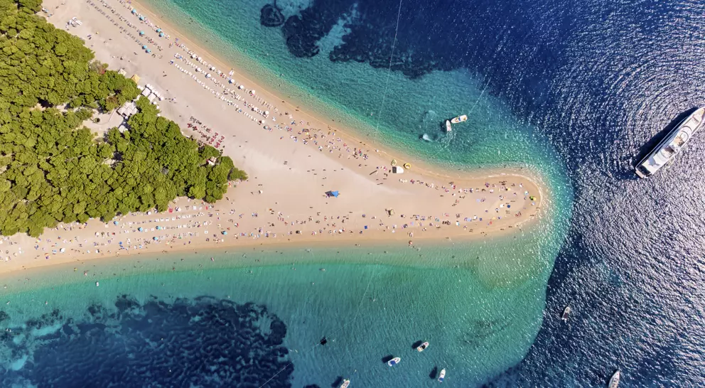 Aerial view of Zlatni Rat Beach in Brac Island, Dalmatian Region
