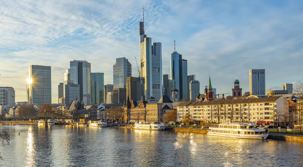 Frankfurt skyline in sunset with river Main