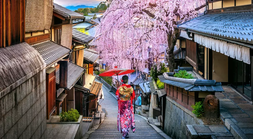 A person in a colorful kimono walks down a historic street with cherry blossoms and a sunset in the background.