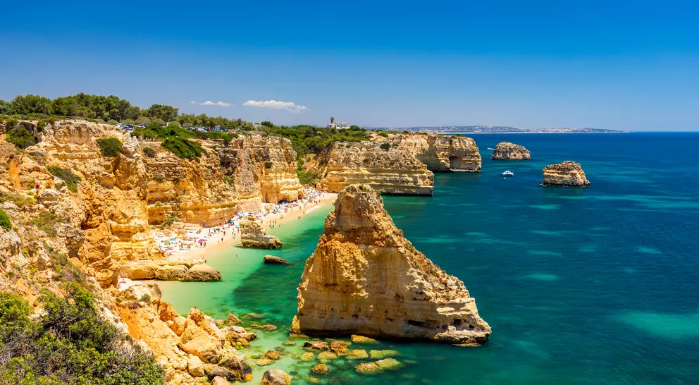 Beautiful beach, rock formations and blue waters on the atlantic