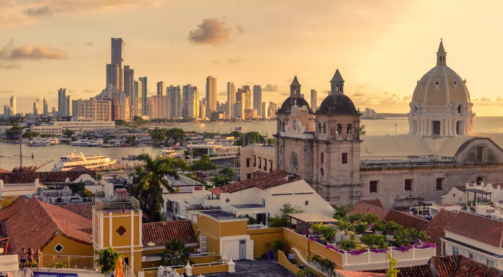 View of the historic center of Cartagena, Colombia with the Caribbean Sea and skyscrapers visible in the background
