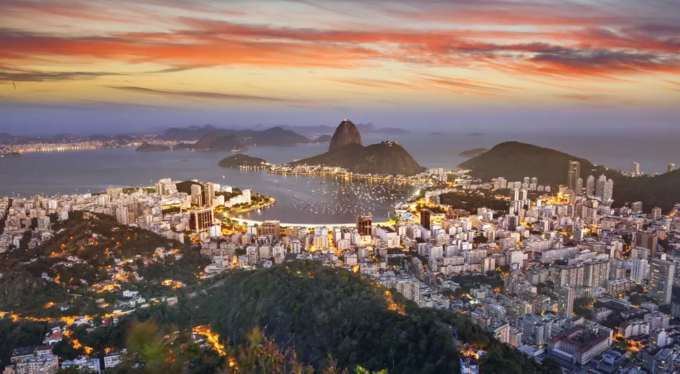 Aerial view of Rio de Janeiro Brazil with Guanabara Bay and Sugar Loaf at dusk