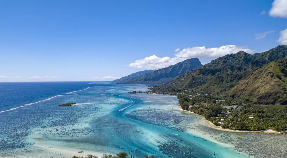 Lagoon aerial view panorama landscape of ocean coastline and mountains