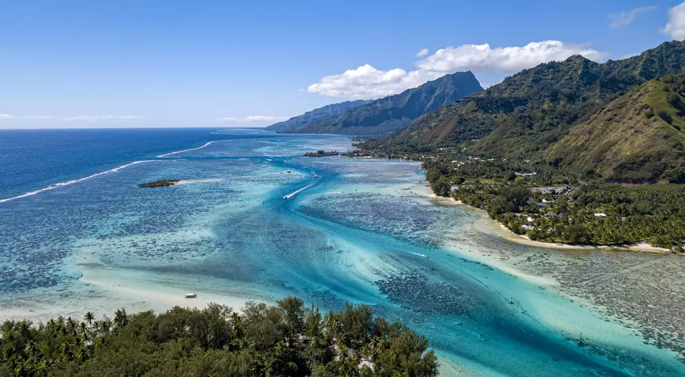 Lagoon aerial view panorama landscape of ocean coastline and mountains