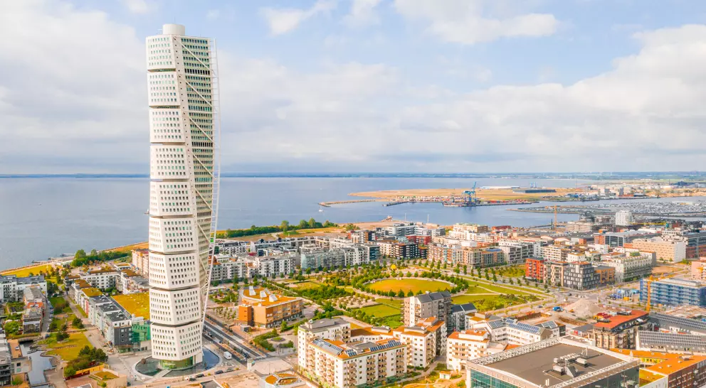 Beautiful aerial view of the Vastra Hamnen (The Western Harbour) district during sunset