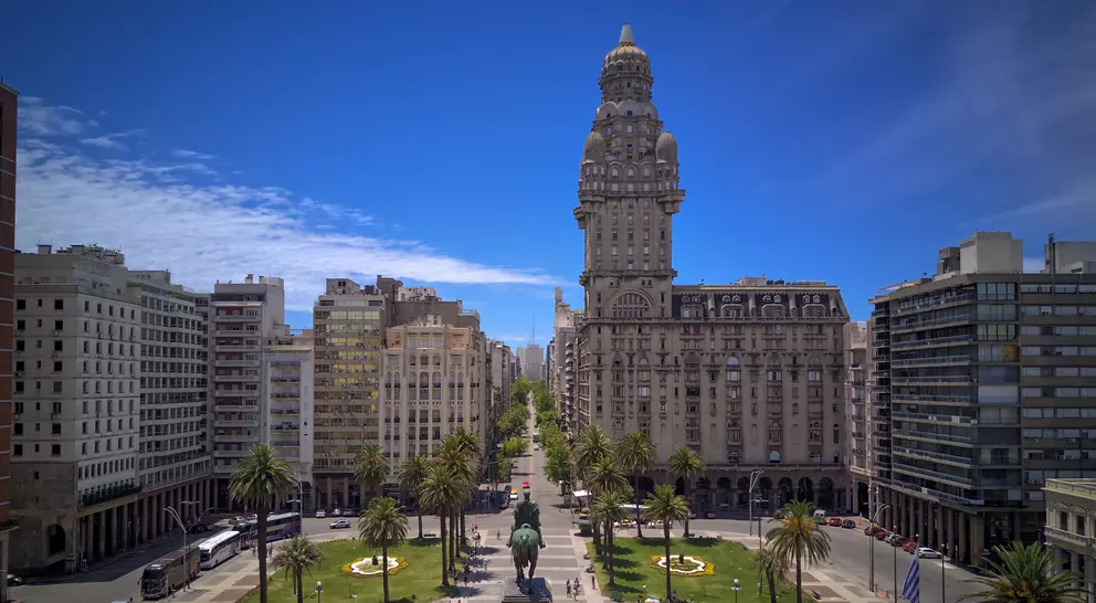Aerial view of Independence Square, Salvo Palace, Montevideo, Uruguay.