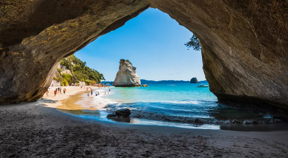 Stunning cove with view of white sand beach and blue waters on the other side