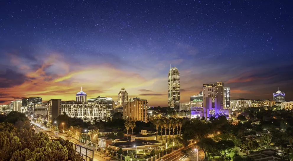 Sandton city at night with twilight and stars in the sky, Gauteng Johannesburg