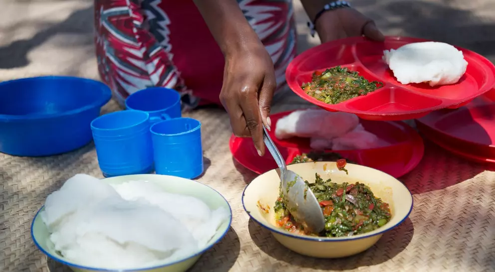 A person serves food from a bowl onto colorful plates, with cups nearby, on a textured surface outdoors.