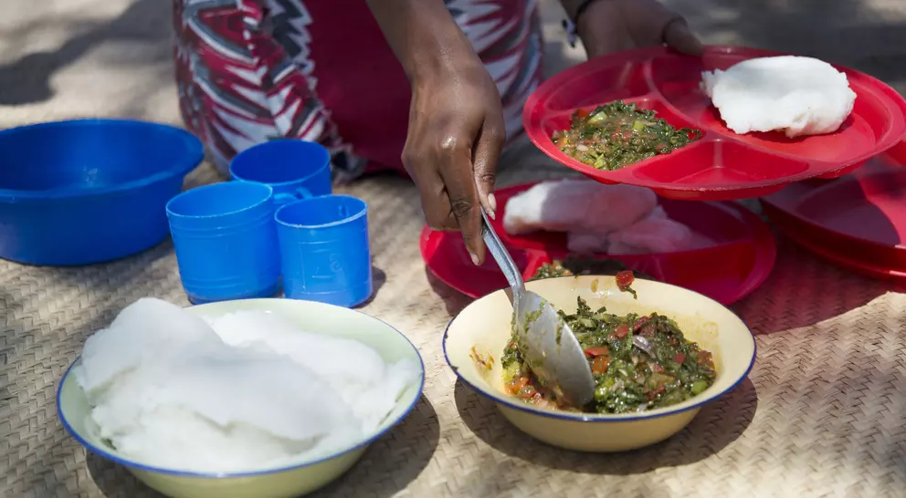 A person serves food from a bowl onto colorful plates, with cups nearby, on a textured surface outdoors.