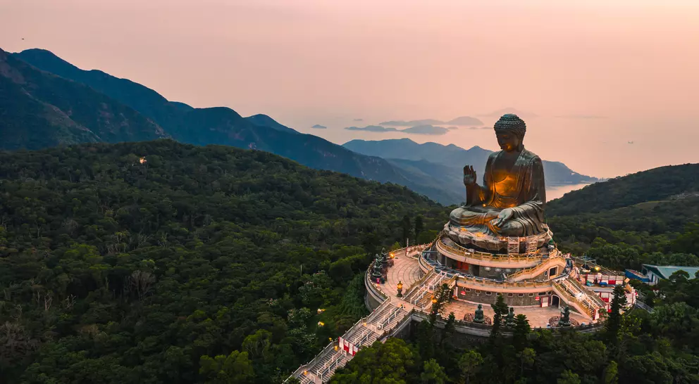 Aerial view of Tian Tan Buddha, also known as the Big Buddha. Hong Kong, China