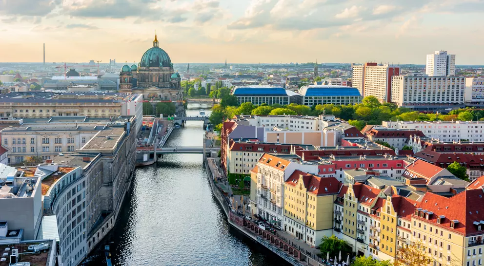 Berlin Cathedral (Berliner Dom) on Museum island and Spree river at sunset