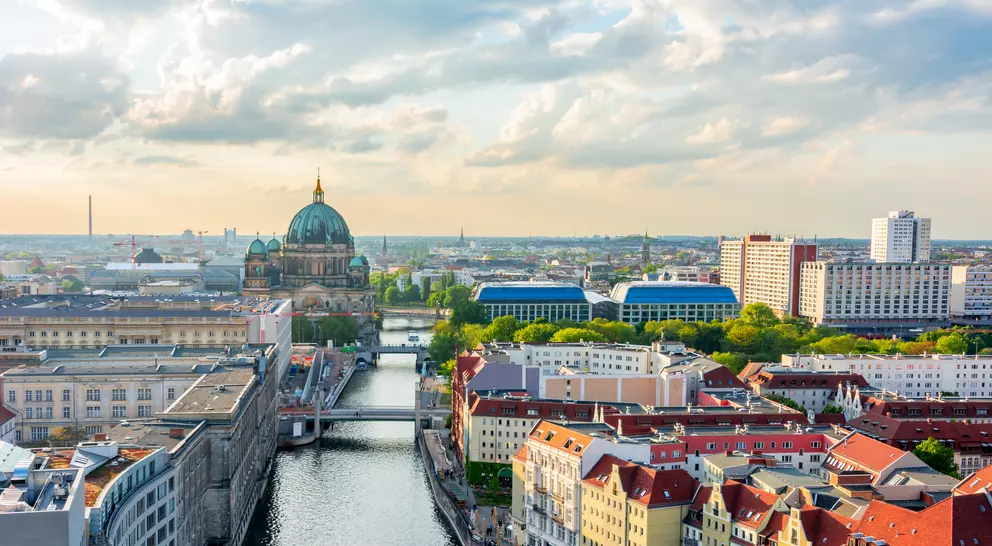 Berlin Cathedral (Berliner Dom) on Museum island and Spree river at sunset