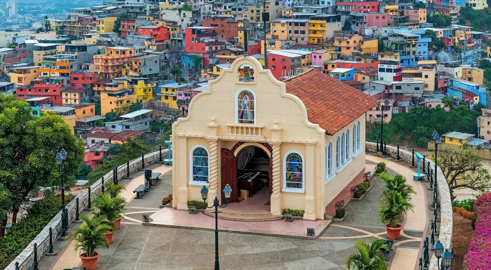 Cityscape of Santa Ana Hill Church with colorful colonial housing, Las Penas district, Guayaquil, Ecuador
