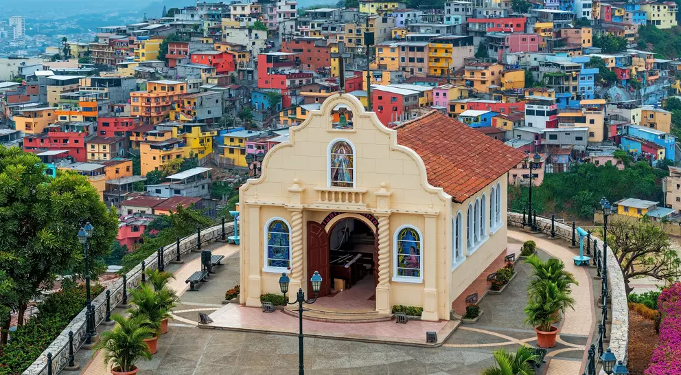 Cityscape of Santa Ana Hill Church with colorful colonial housing, Las Penas district, Guayaquil, Ecuador