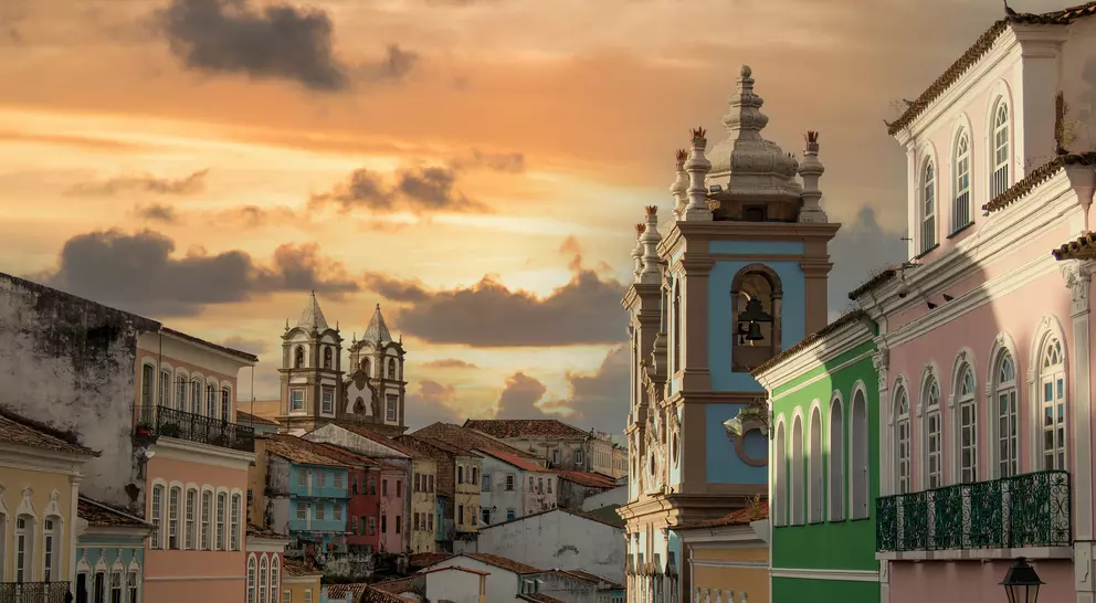 Colourful colonial style buildings in Pelourinho, the historic center of the city of Salvador Bahia Brazil