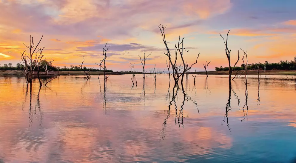 Lake Kariba is a man made lake, 226 km long and 40 km wide, located on the border between Zambia and Zimbabwe.