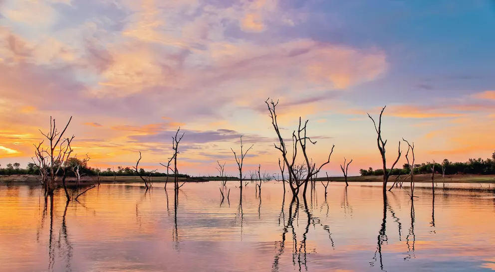Lake Kariba is a man made lake, 226 km long and 40 km wide, located on the border between Zambia and Zimbabwe.