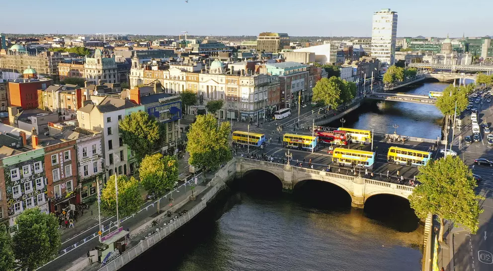Aerial view of Liffey river and O'Connell bridge during sunset