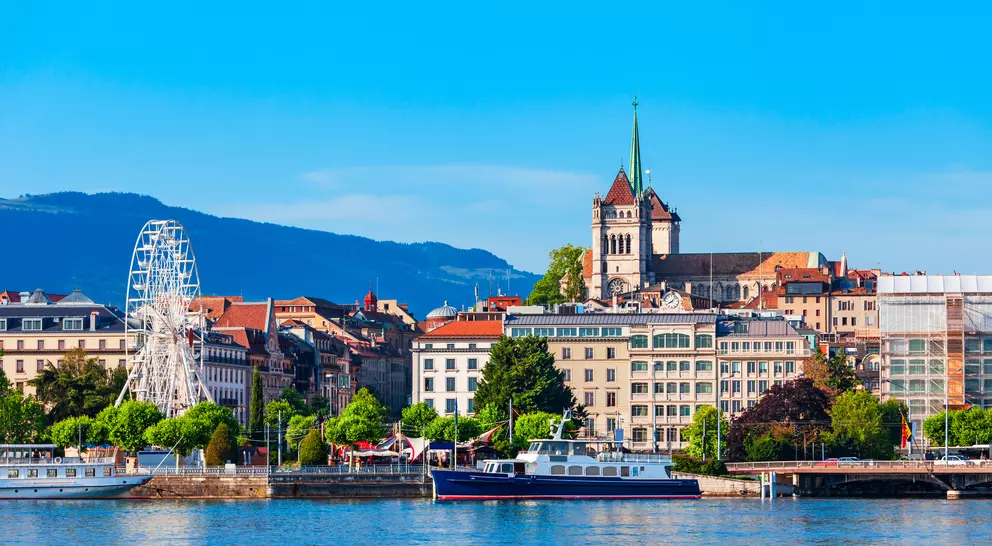 Geneva city panoramic view located on Lake Geneva