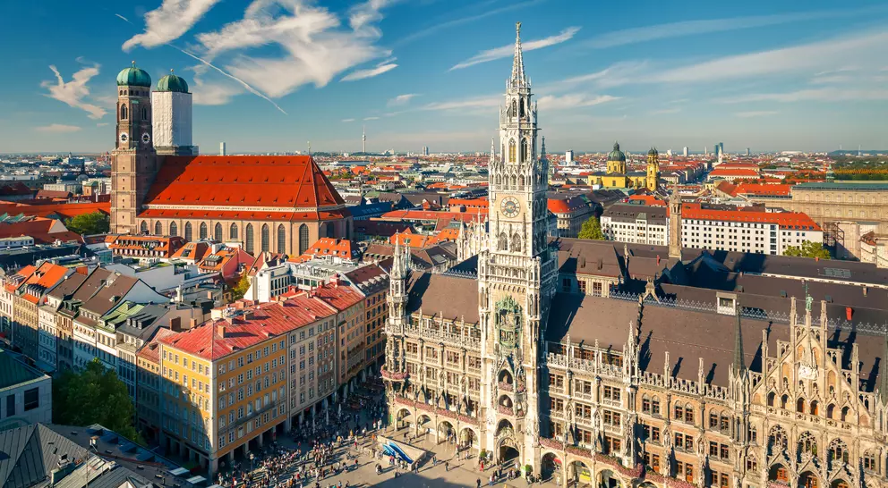 Aerial view of Munchen: New Town Hall and Frauenkirche