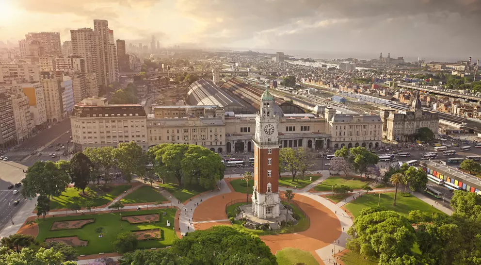 Aerial view of Torre Monumental (English Clock Tower) in Plaza Fuerza Aérea Argentina and the Retiro Railway Statio